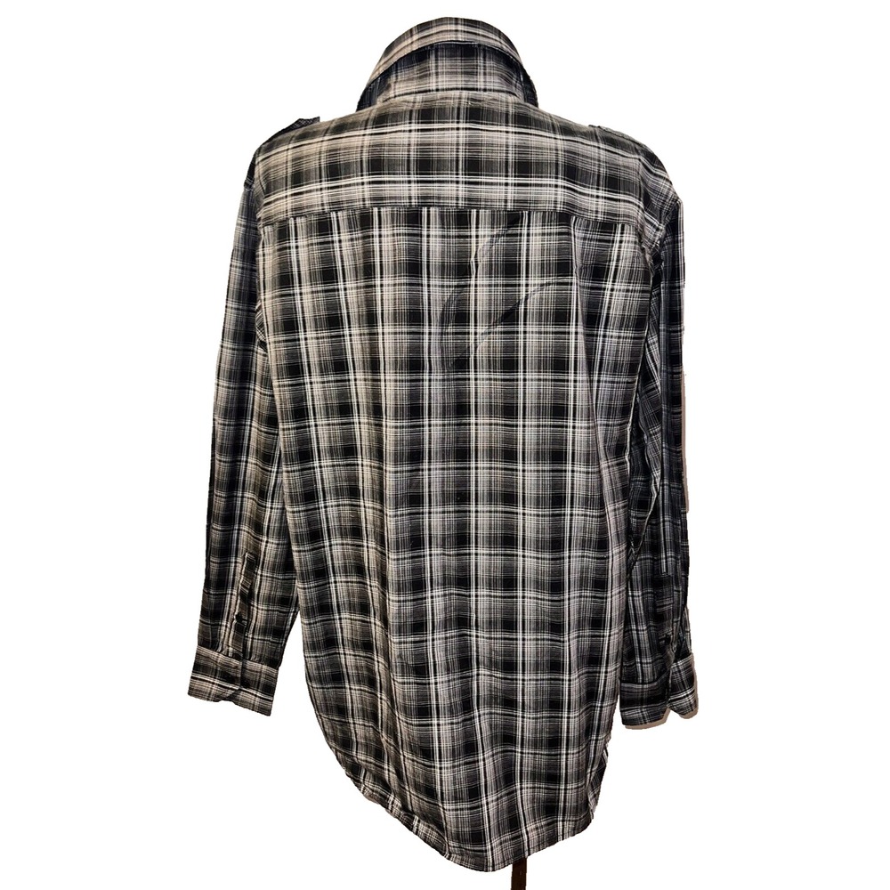 Reputation 92 Mens Plaid Button Down Shirt Black White XL Long Sleeve Epaulets - Picture 4 of 5